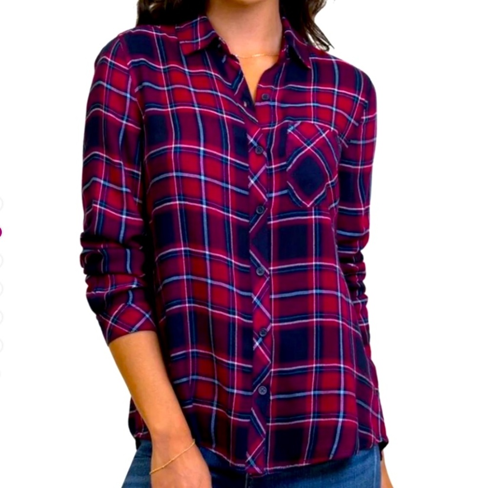 Anthropologie Red and Navy Plaid Button-Down Shirt